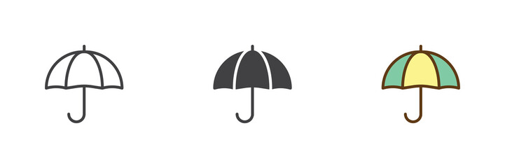 Umbrella icon set in line, solid and filled outline colorful style. Rainy autumn umbrella icon, color vector sign and symbol. Weather icon pack.