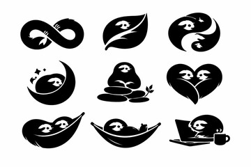 Fototapeta premium Set of cute sloth silhouette icons in minimal black style. Vector animal symbols for logo, branding, stickers, prints and design elements