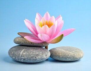 Pink water lily blossom atop smooth grey stones on a light blue backdrop