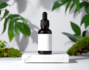 Brown dropper bottle on white block amidst greenery. Light and shadows