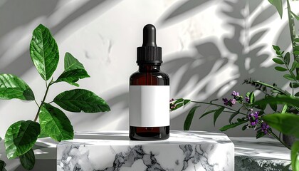 Amber dropper bottle on marble, surrounded by lush green foliage and shadows