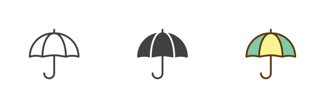 Umbrella icon set in line, solid and filled outline colorful style. Rainy autumn umbrella icon, color vector sign and symbol. Weather icon pack.