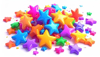 Colorful glossy stars, scattered and piled, creating a vibrant display