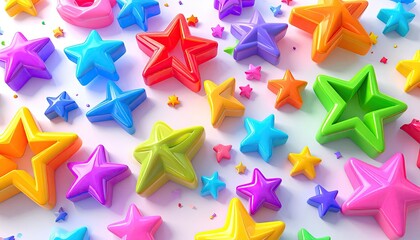 Colorful, glossy stars scattered on a white surface, festive and playful