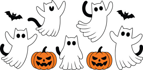 Obraz premium Cute Ghost Cat Outline Icon Set Halloween Cats with Pumpkins