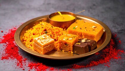 A golden platter features an array of sweets and a small bowl of sauce