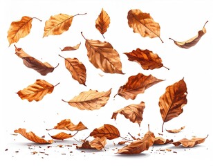 Image shows digitally rendered fallen leaves, brown hues, against white background