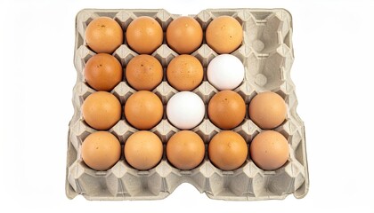 Beige carton holding brown and white eggs, one space empty