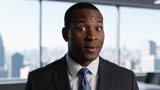 Young African American Businessman Reacts with Surprise and Then Smiles in Modern Office Setting.