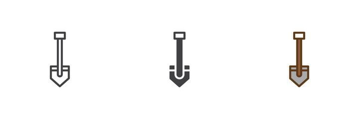 Short shovel icon set in line, solid and filled outline colorful style. Garden shovel icon, color vector sign and symbol.