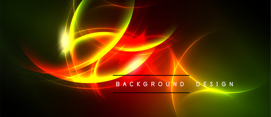 Vibrant abstract design features flowing lines, gradients. Red, green, yellow hues create dynamic visual effect. Background includes text elements.