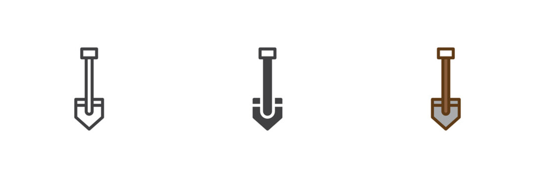 Short shovel icon set in line, solid and filled outline colorful style. Garden shovel icon, color vector sign and symbol.