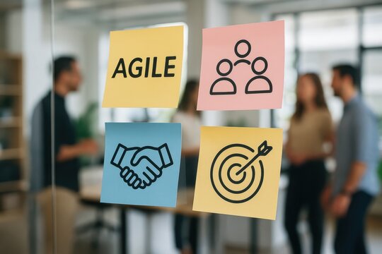 Agile Workflow Dynamics: A modern office environment where transparent agile principles are in motion, with sticky notes representing key values of collaboration, objectives, and partnership.