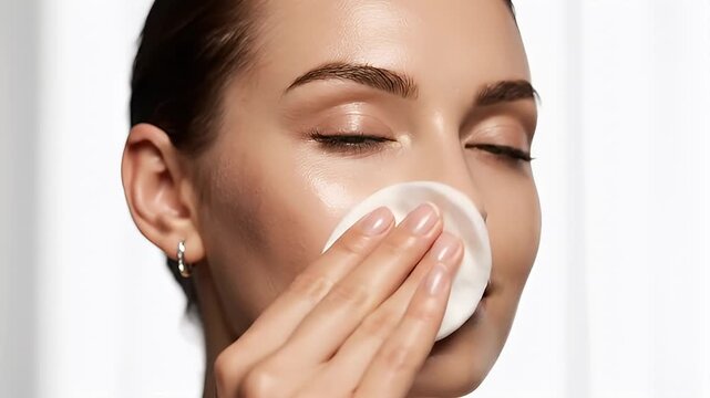 Young Woman Cleansing Face with Cotton Pad, Skincare Routine.