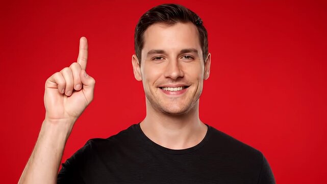 Young Man in Black T-Shirt Smiling and Pointing Upwards on a Red Background.
