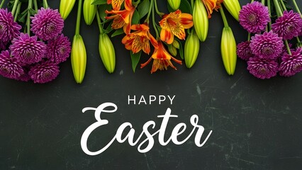 Vibrant easter greeting with colorful florals and greenery