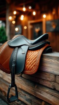 Brown leather saddle with black seat on wooden fence