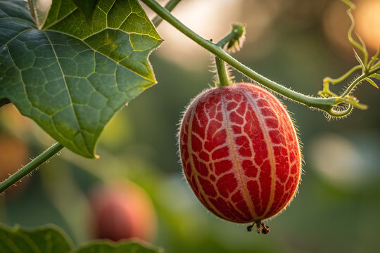 close-up macro of ivy gourd fruit in red phase, artistic natural lighting