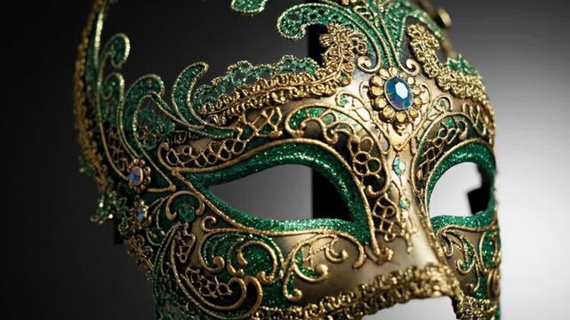 Elegant venetian mask with intricate gold and green detailing, perfect for masquerade balls.