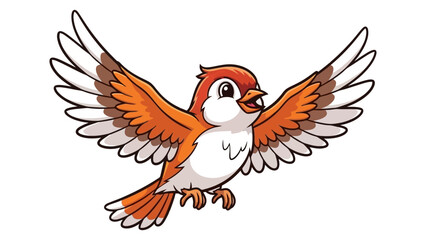 A cartoon illustration of a small, cheerful bird with its wings spread wide, as if in mid-flight. © Muginandaru