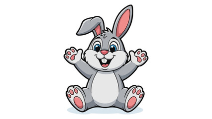 A cute cartoon illustration of a happy gray bunny rabbit sitting with its arms raised.