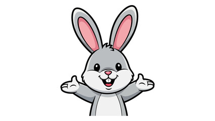 Obraz premium A cute cartoon illustration of a friendly gray bunny rabbit with long ears and a big smile, waving its arms.