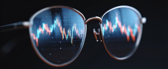 Stock market charts reflection in eyeglasses lens sparks intense focus and anticipation.