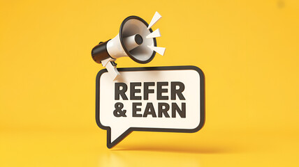 3d megaphone with speech bubble announcing refer and earn promotion on bright yellow background with bold text and vibrant colors