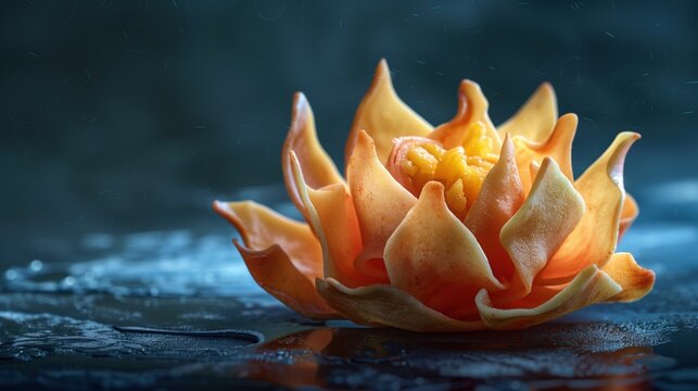 National Crab Rangoon Day:crab rangoon shaped like a blooming flower, delicate plating, artistic culinary design, dark moody background