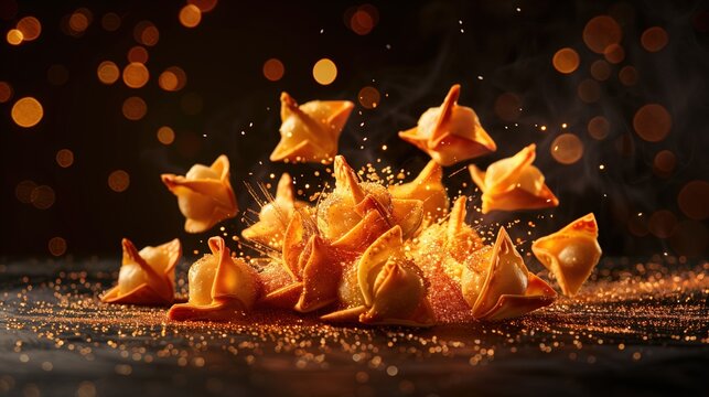 National Crab Rangoon Day:crab rangoon arranged in a radial pattern resembling fireworks, dramatic lighting, dark background with subtle spark-like highlights