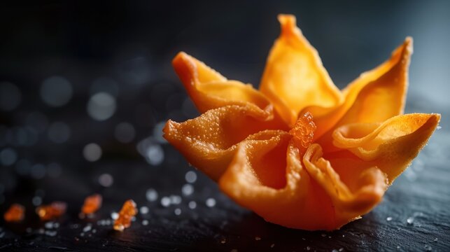 National Crab Rangoon Day:crab rangoon shaped like a blooming flower, delicate plating, artistic culinary design, dark moody background
