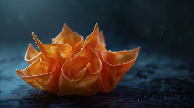 National Crab Rangoon Day:crab rangoon shaped like a blooming flower, delicate plating, artistic culinary design, dark moody background