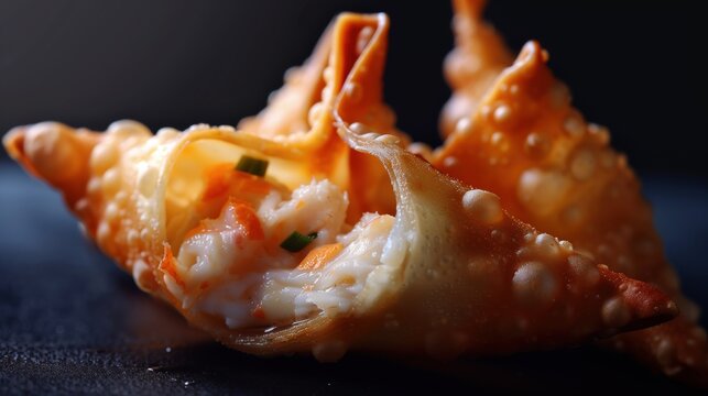 National Crab Rangoon Day:macro photograph of a single broken crab rangoon showing creamy filling with visible crab meat pieces, crispy golden wonton wrapper texture