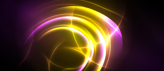 Naklejka premium Bright abstract swirls, yellow, purple hues dominate. Dynamic energy radiates from central point, dark background contrasts vividly.