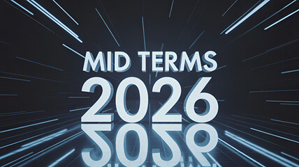 Mid terms 2026 election text on dark background with blue streaks and reflection