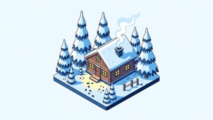 Cozy cabin in snowy forest with pine trees and smoke rising from chimney in winter landscape