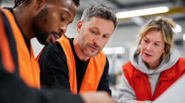 Workers wearing safety vests discussing during warehouse team meeting. Diverse colleagues collaborating, talking about work issues. Industrial workplace teamwork, employee cooperation, problem solving
