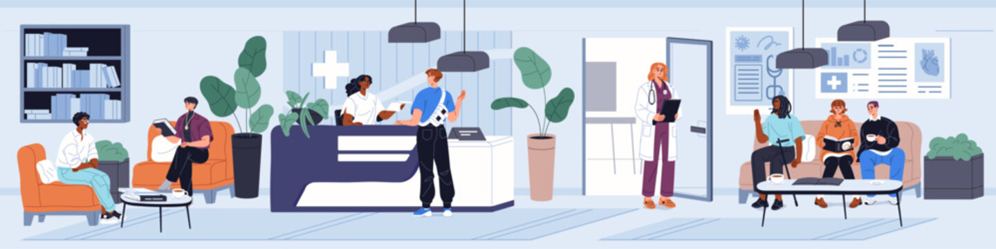 Patients are waiting medical appointment in the reception area. People and doctors are in hall or lounge zone of clinic. Medics and men are in room of hospital department. Flat vector illustration
