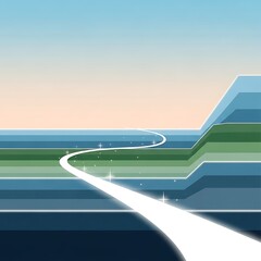 Winding illuminated white path leading toward horizon across stylized geometric water landscape