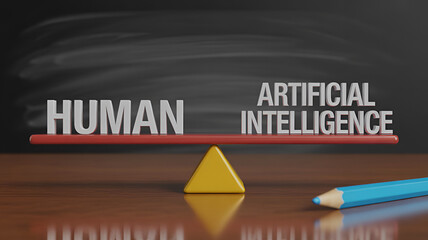 Balance between human and artificial intelligence on a seesaw with chalkboard background and pencil
