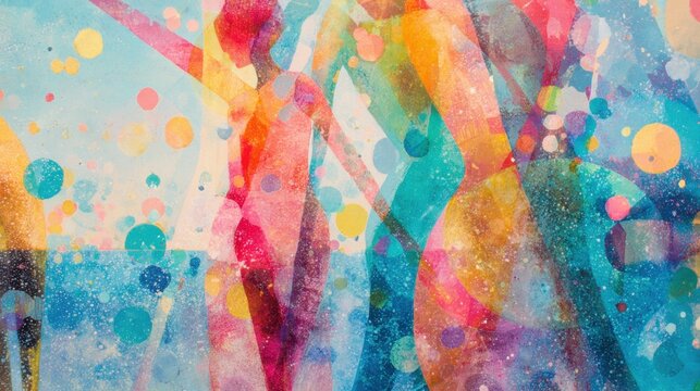 Colorful abstract representation of figures in a lively setting