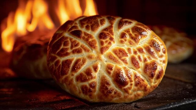 Freshly baked bread in a wood fired oven.
