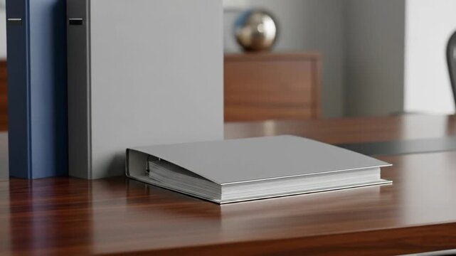 Three ring binders on a wooden desk in an office setting, ready for organizing.