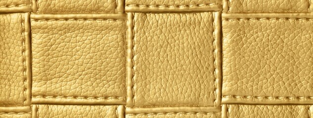 Fototapeta premium Texture golden leather background with quilted stitched pattern, macro. Abstract yellow upholstery surface