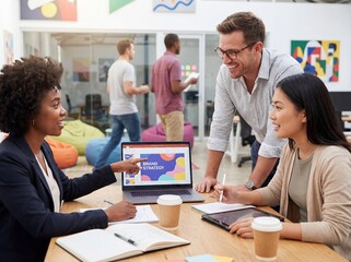 Diverse creative team discusses brand strategy on a laptop in a modern colorful office, collaborating happily on a new project.