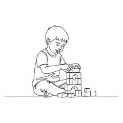 Young Boy Playing with Building Blocks - Line Art