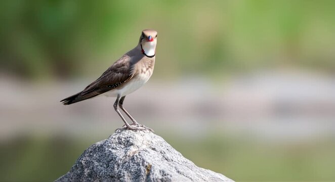 Small bird with distinctive collar perched on a textured rock in natural daylight.