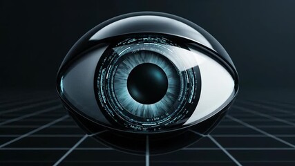 Futuristic cybernetic mechanical eye scanning and analyzing data with blue digital interface overlay on a dark grid background. - Powered by Adobe