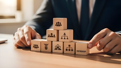 A close-up image features a businessman in a dark suit, meticulously arranging small wooden blocks on a polished wooden desk. The blocks are adorned with various dark icons symbolizing key business.