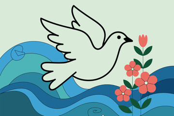 Fototapeta premium A symbolic illustration of a dove flying above rolling blue waves and blooming flowers, representing peace, hope, harmony, spirituality, nature balance, and inspirational vector design.